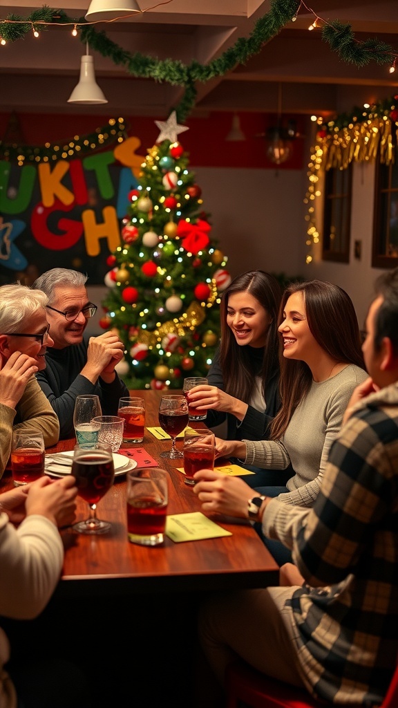 Adults enjoying a lively Christmas party with drinks and games.